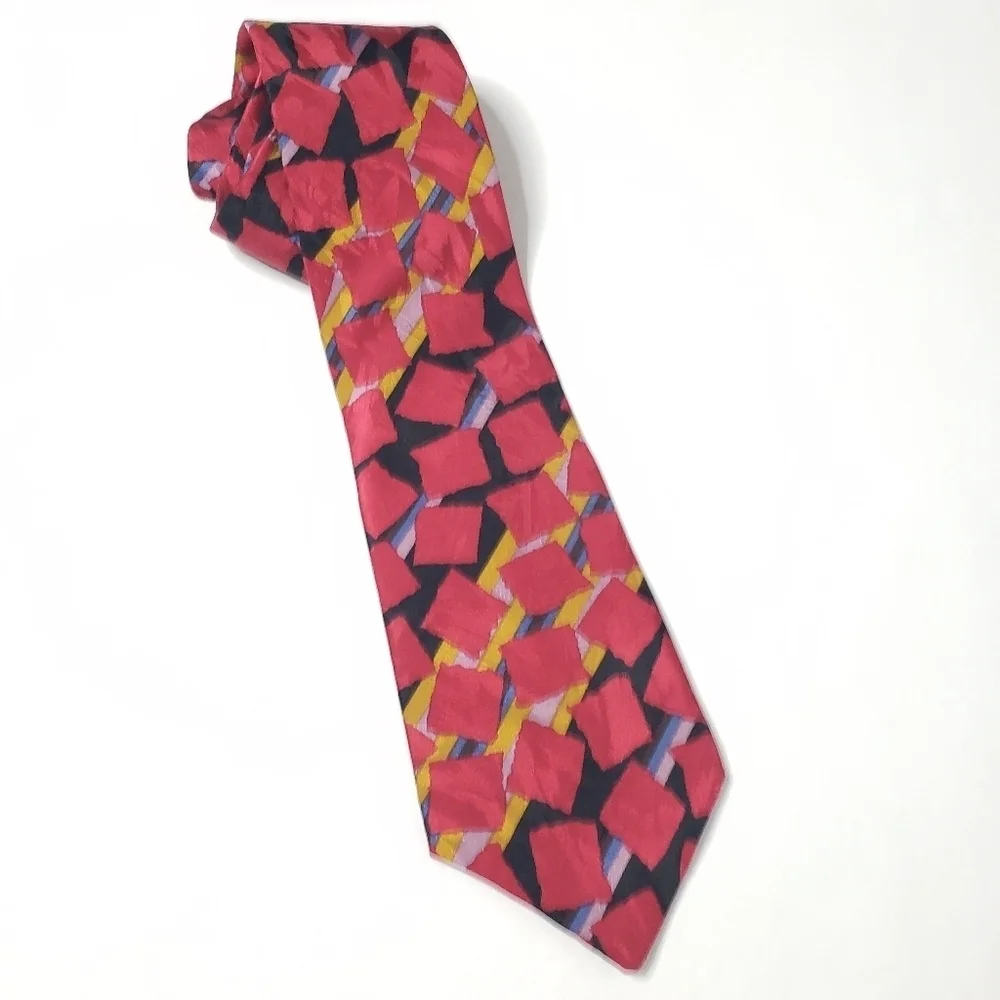 Guy Laroche vintage silk tie red square abstract pattern stripes